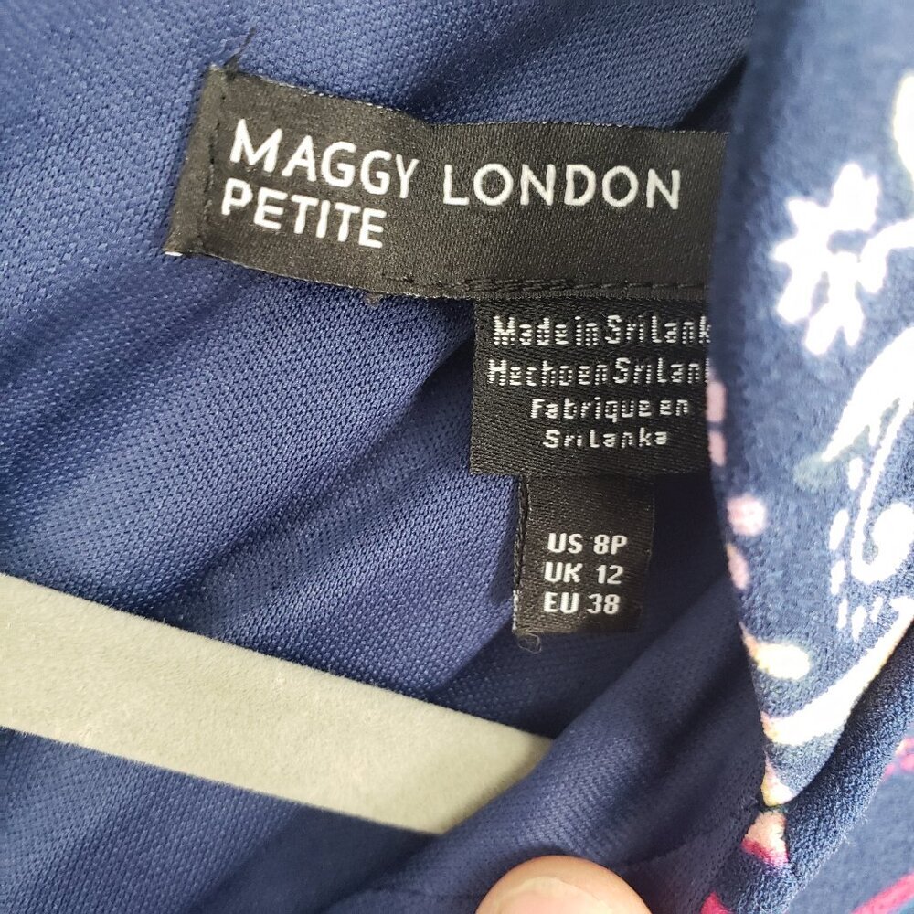Maggy London Navy / pink Floral Sheath Dress. Beautiful embroidered collar sz 8P - Picture 3 of 9